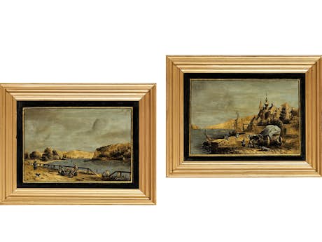 Paar Hinterglasbilder mit Flusslandschaften, in Art des Jonas Zeuner 1727 – 1814