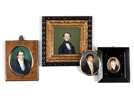 Konvolut von vier Miniaturen mit Herrenportraits des Biedermeier