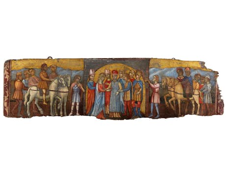 Bemalte Frontplatte einer italienischen Hochzeitstruhe des 15. Jahrhunderts