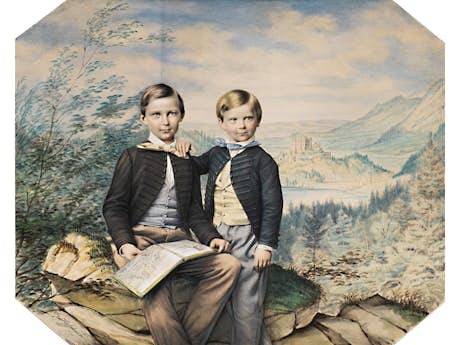 Seltenes Doppelbildnis von Kronprinz Ludwig und Prinz Otto von Bayern, den späteren Königen Ludwig II (1845-1886) und Otto (1848-1916)