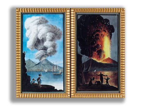 Paar Druckgrafiken mit Darstellung eines Vulkanausbruchs