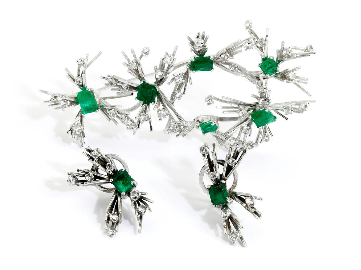 Smaragd-Diamantbrosche und Ohrringe