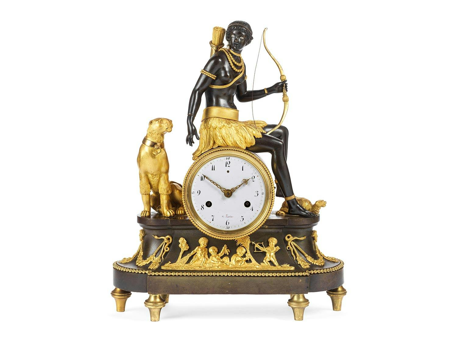 Detailabbildung: Seltene Pariser Kaminuhr des Directoire „Allegorie Afrika“