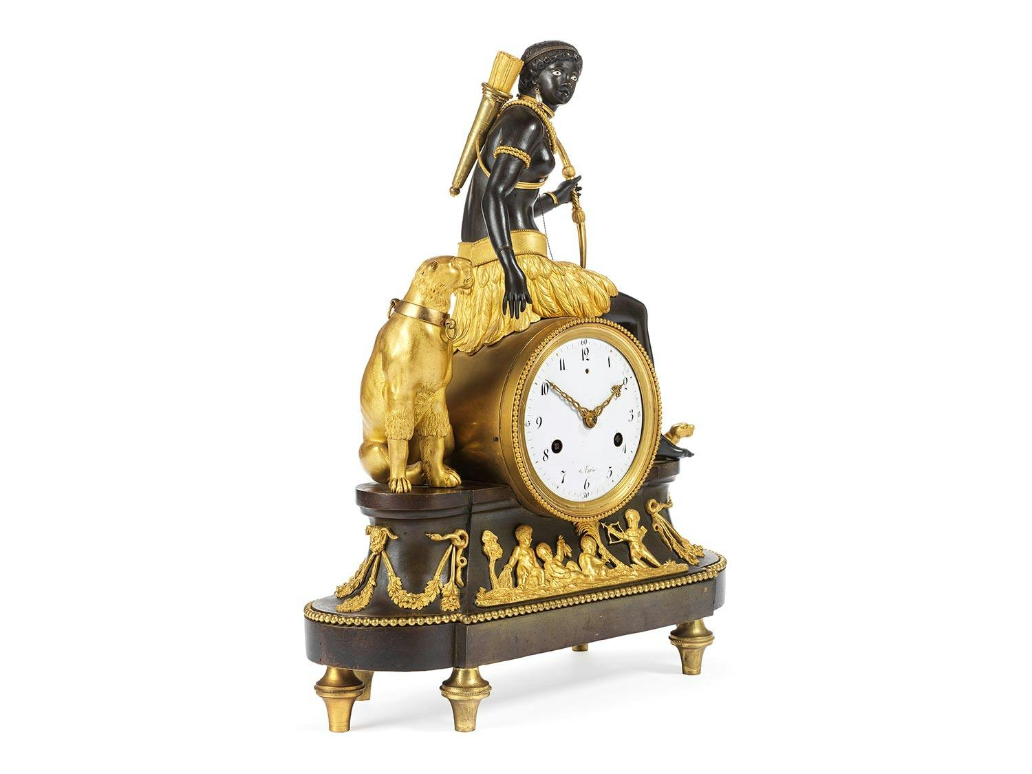 Detailabbildung: Seltene Pariser Kaminuhr des Directoire „Allegorie Afrika“