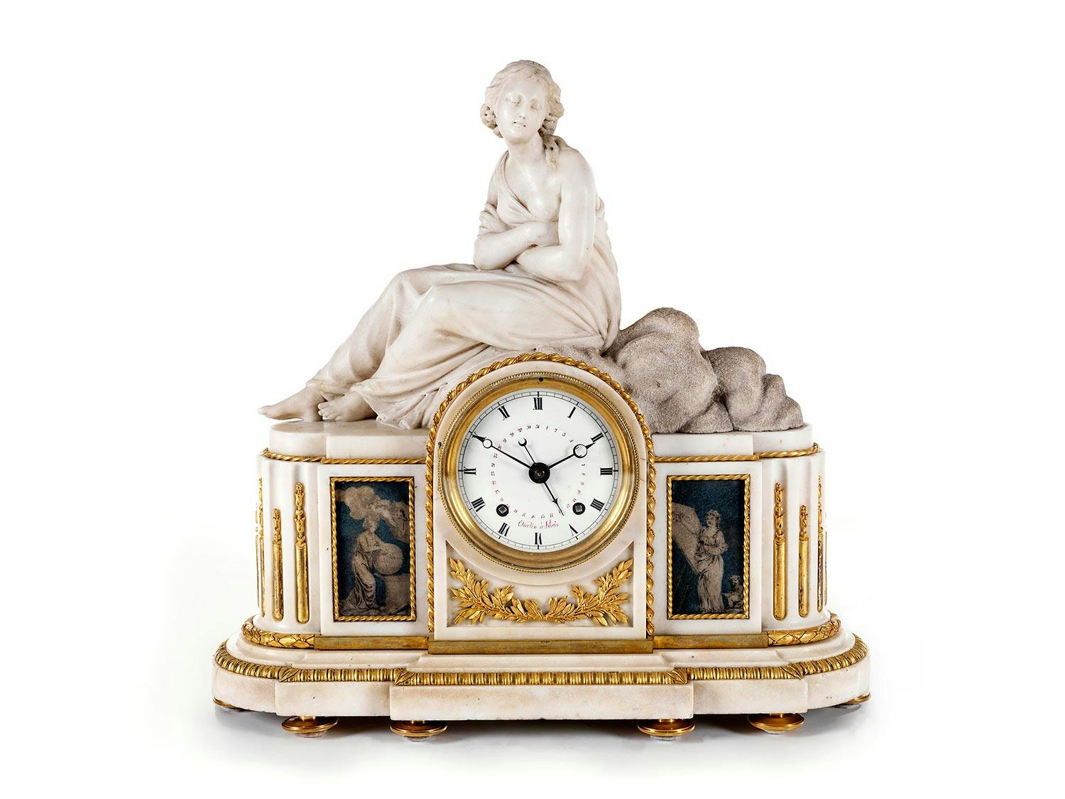 Pariser Marmor-Kaminuhr mit Skulptur und Werk von Oudin