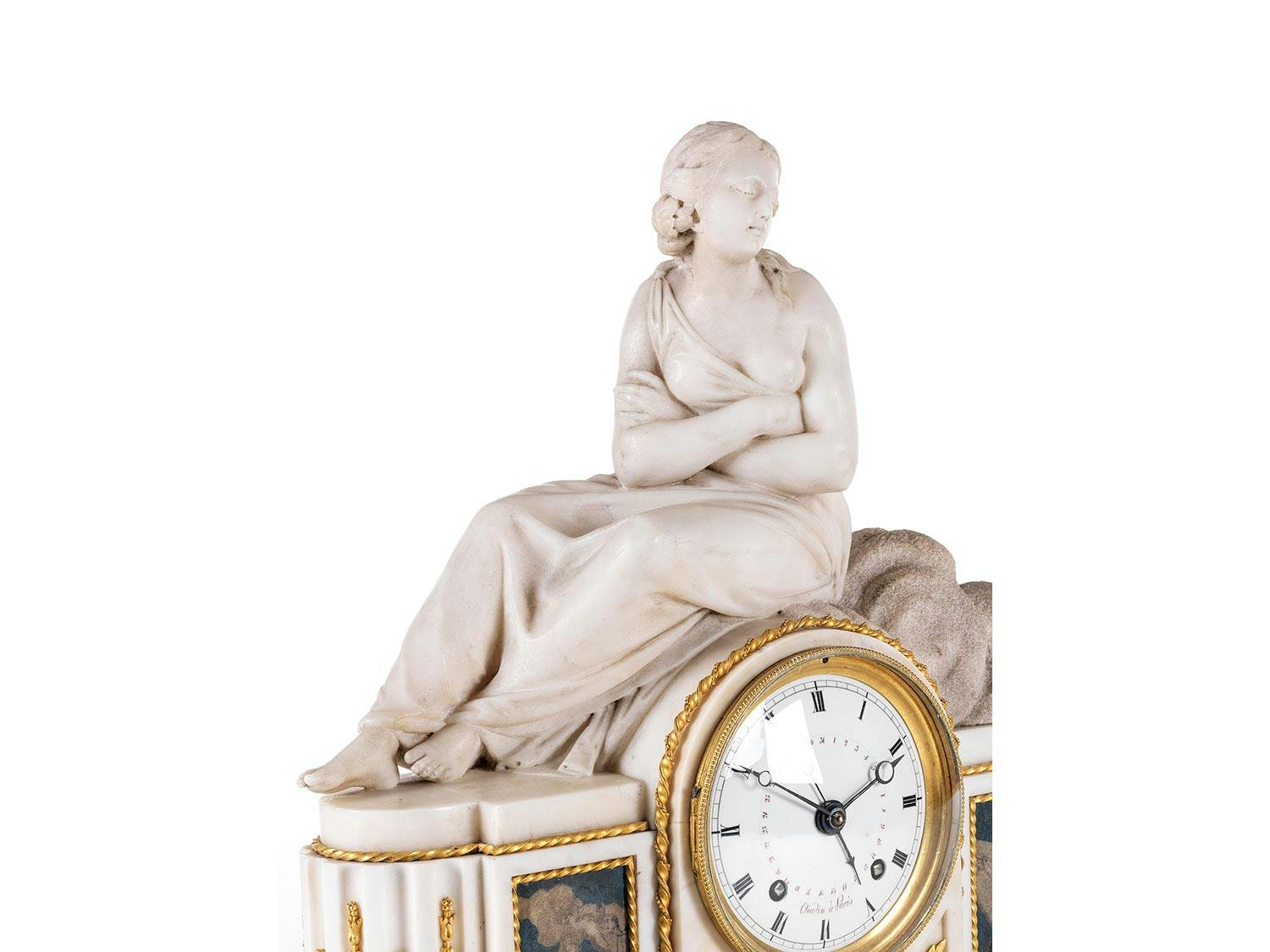 Detailabbildung: Pariser Marmor-Kaminuhr mit Skulptur und Werk von Oudin