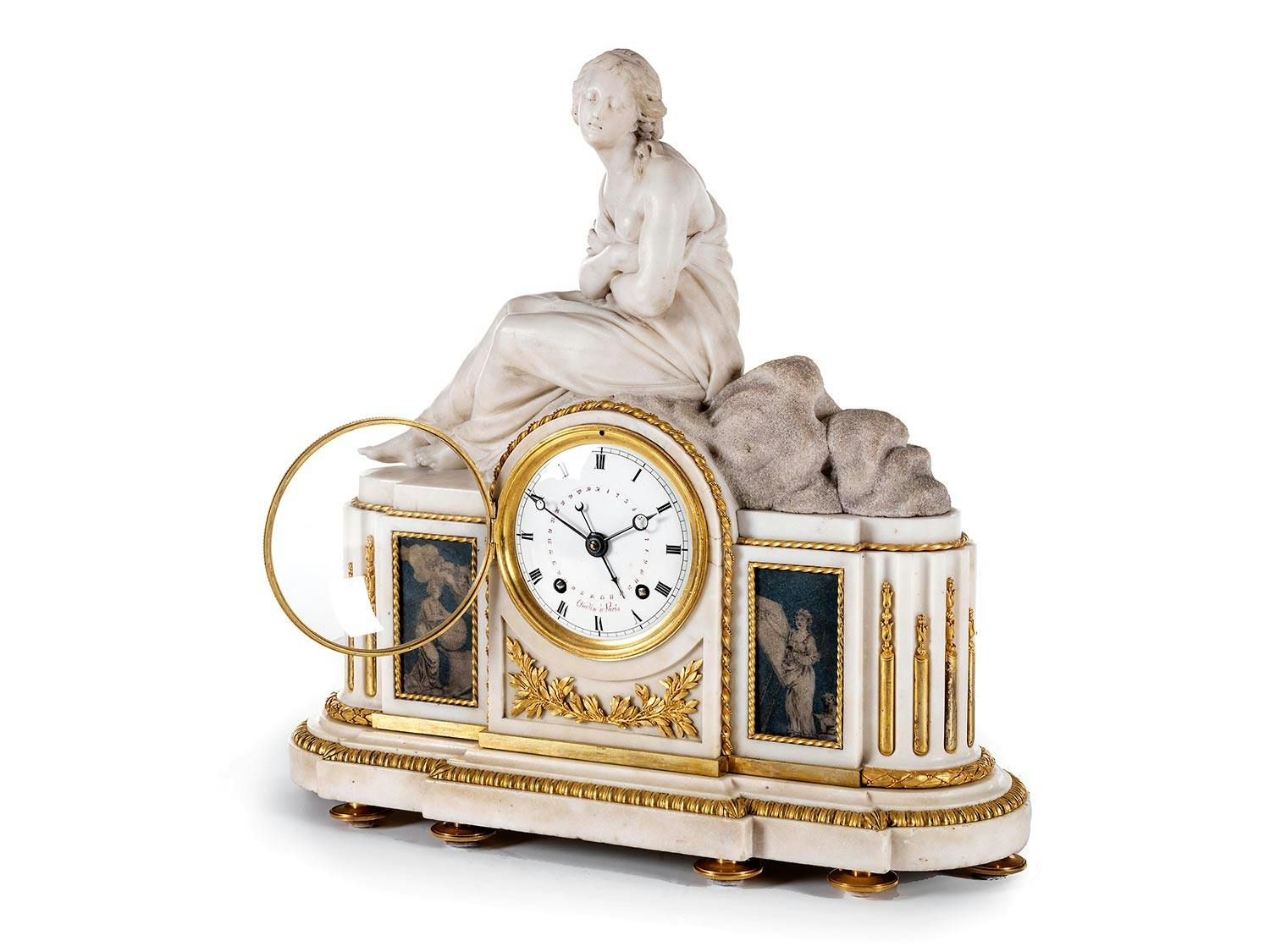 Detailabbildung: Pariser Marmor-Kaminuhr mit Skulptur und Werk von Oudin