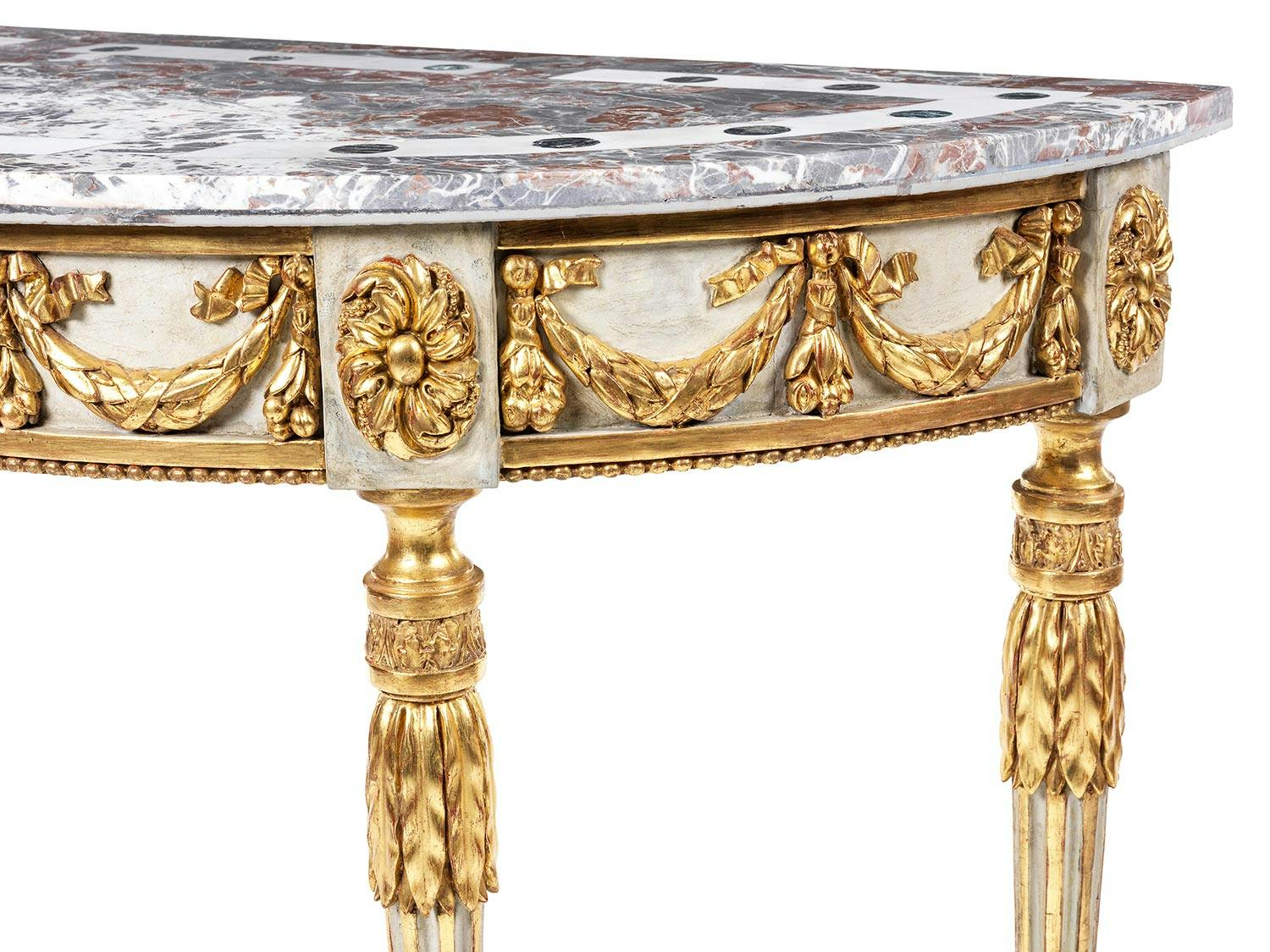 Detailabbildung: Louis XVI-Demi Lune-Konsoltisch mit Pietra dura-Platte