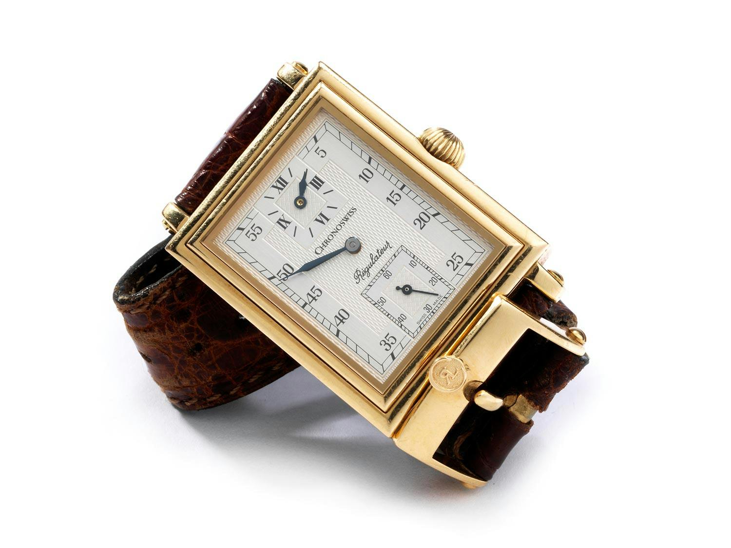 Detailabbildung: Roségoldener Chronoswiss „Rectangular Regulator“