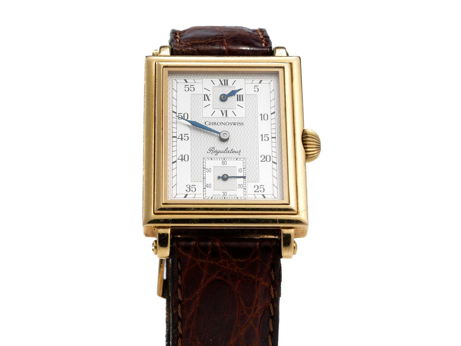 Detailabbildung: Roségoldener Chronoswiss „Rectangular Regulator“