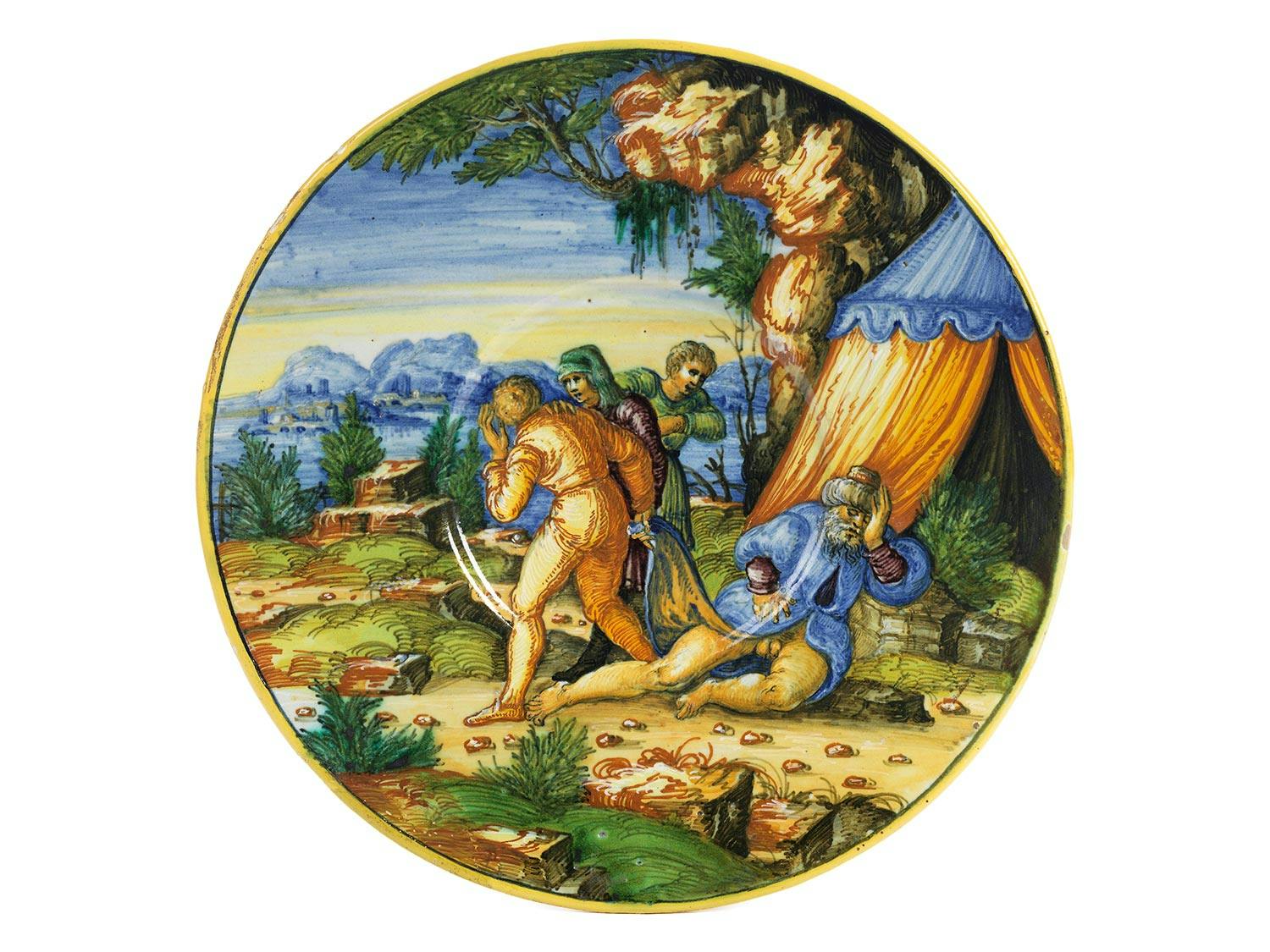 Istoriato-Teller mit Noahs Trunkenheit