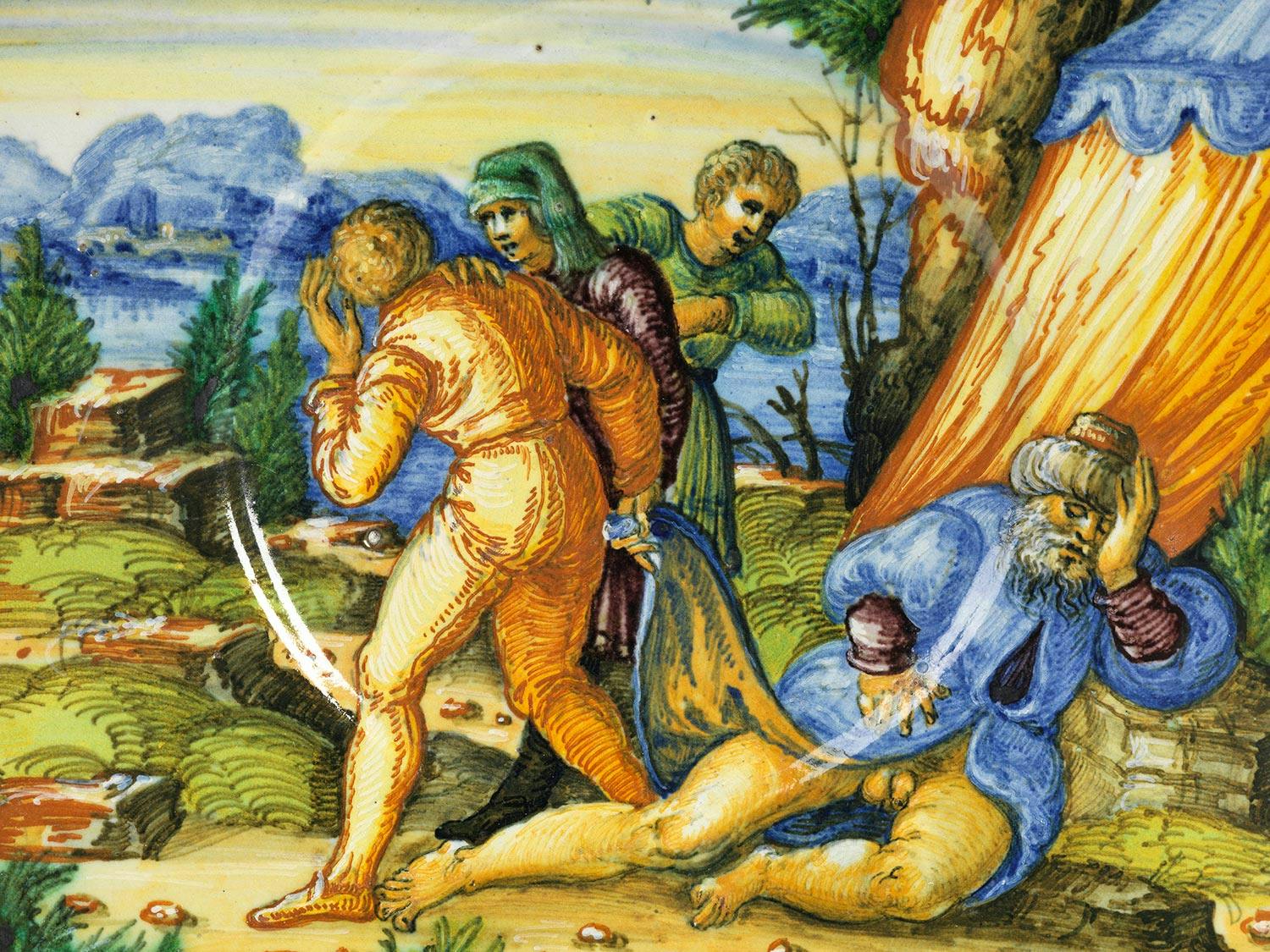 Detailabbildung: Istoriato-Teller mit Noahs Trunkenheit