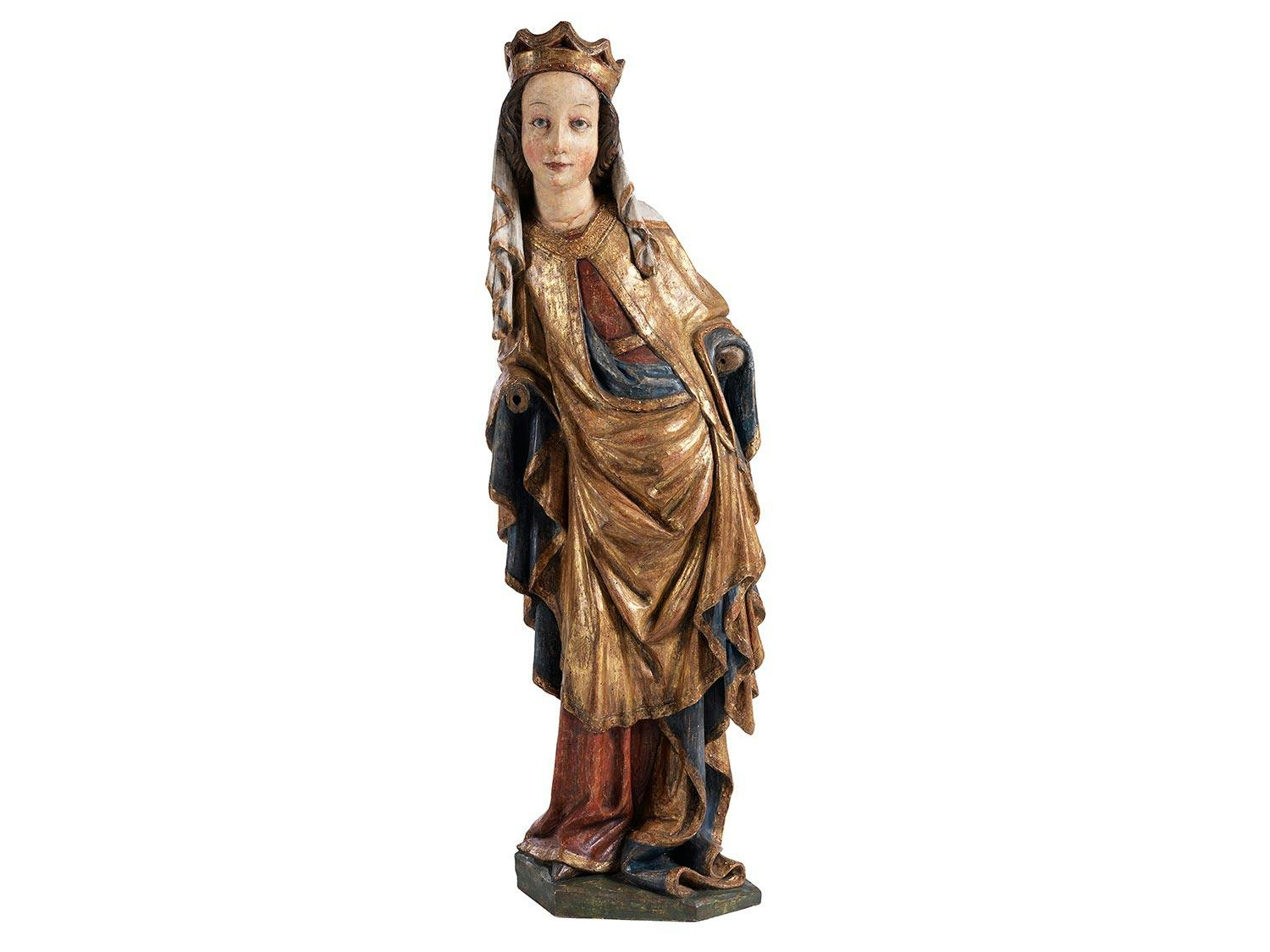 Spätgotische Schnitzfigur einer Heiligen – wohl Katharina