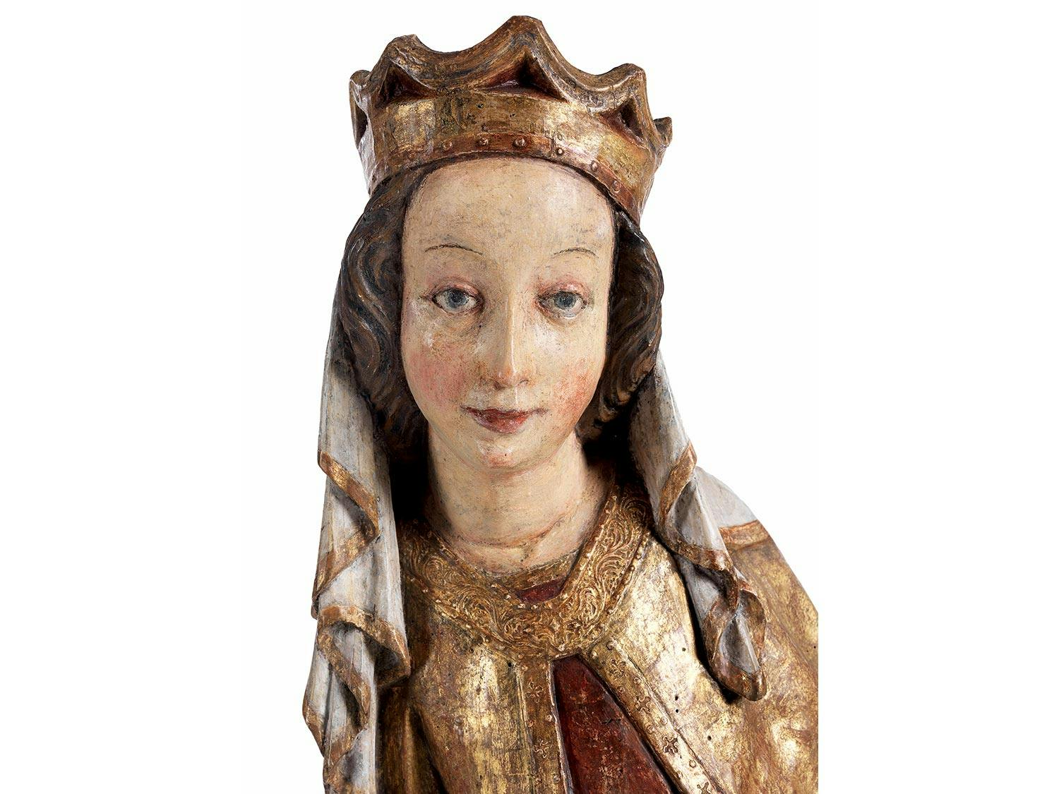 Detailabbildung: Spätgotische Schnitzfigur einer Heiligen – wohl Katharina