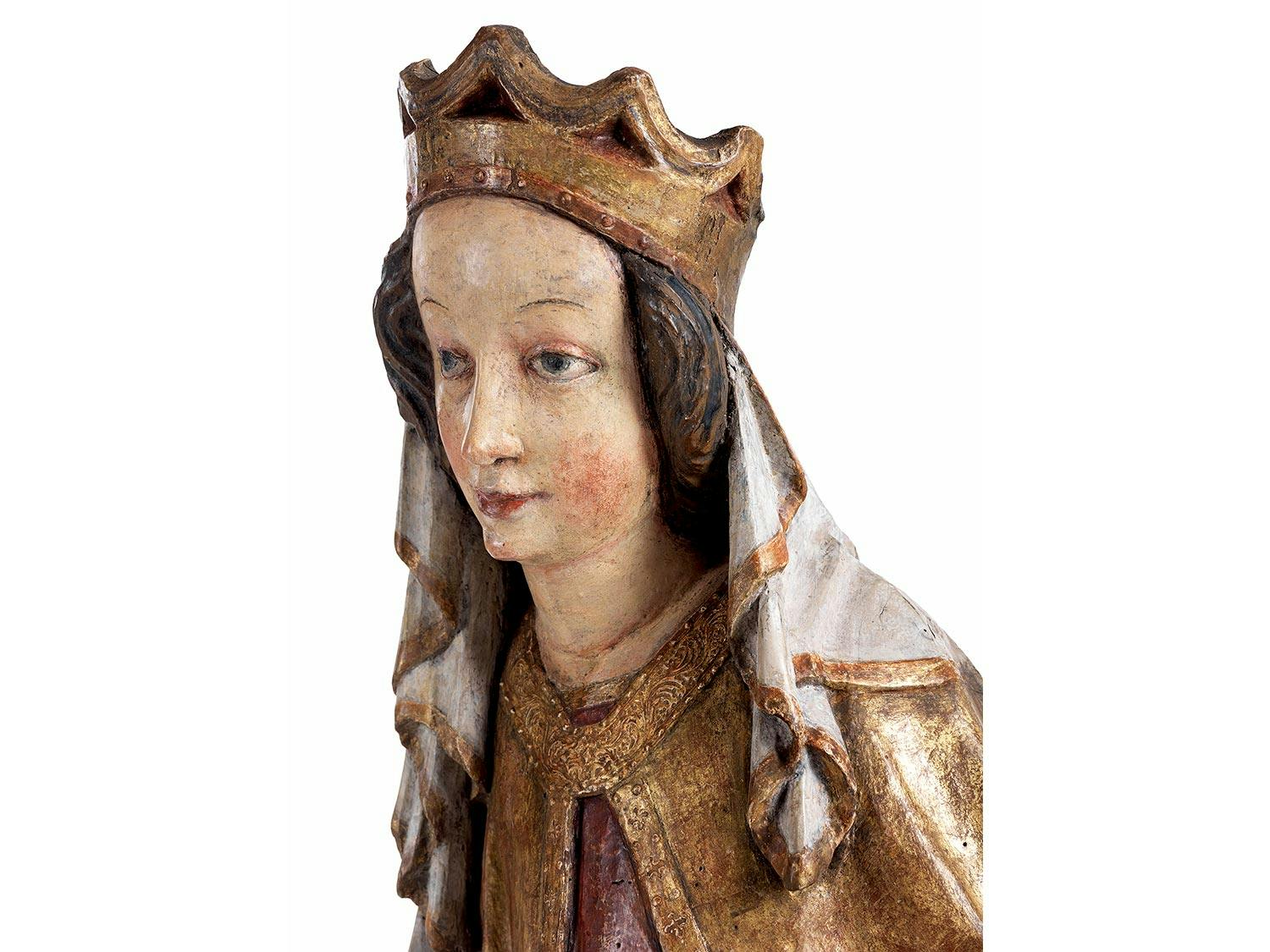 Detailabbildung: Spätgotische Schnitzfigur einer Heiligen – wohl Katharina