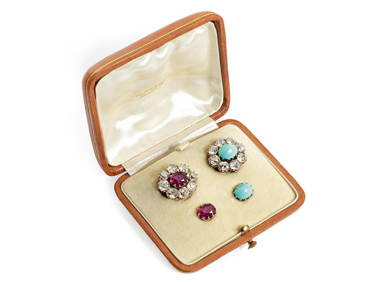 Antikes Diamant-Rubin-Türkis-Broschen-Set
